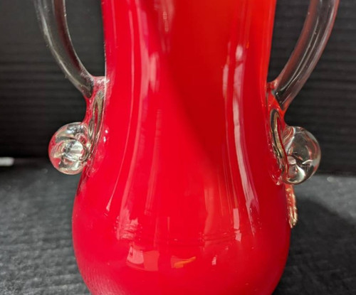 Chinese Plum Blossom Vase Red & White Cased Art Glass w/Splatter Glass 10" VTG - Picture 10 of 13