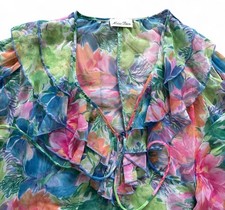 Vintage Miss Dior Coverall Robe Womens Medium Floral Sheer Ruffle Nightgown 80s