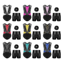 Kids Girls Set Ballet Outfit Shiny Rhinestones Suit Dance Round Neck Gymnastics