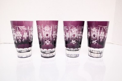 SET 4 BOHEMIAN CZECH CUT TO CLEAR CRYSTAL TUMBLERS GLASSES PURPLE Amethyst 4''