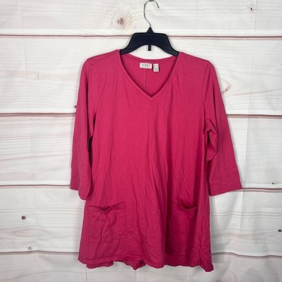 LOGO Lori Goldstein Top Women L Pink V-Neck Tunic Pocket Swing 3/4 Sleeve Cotton