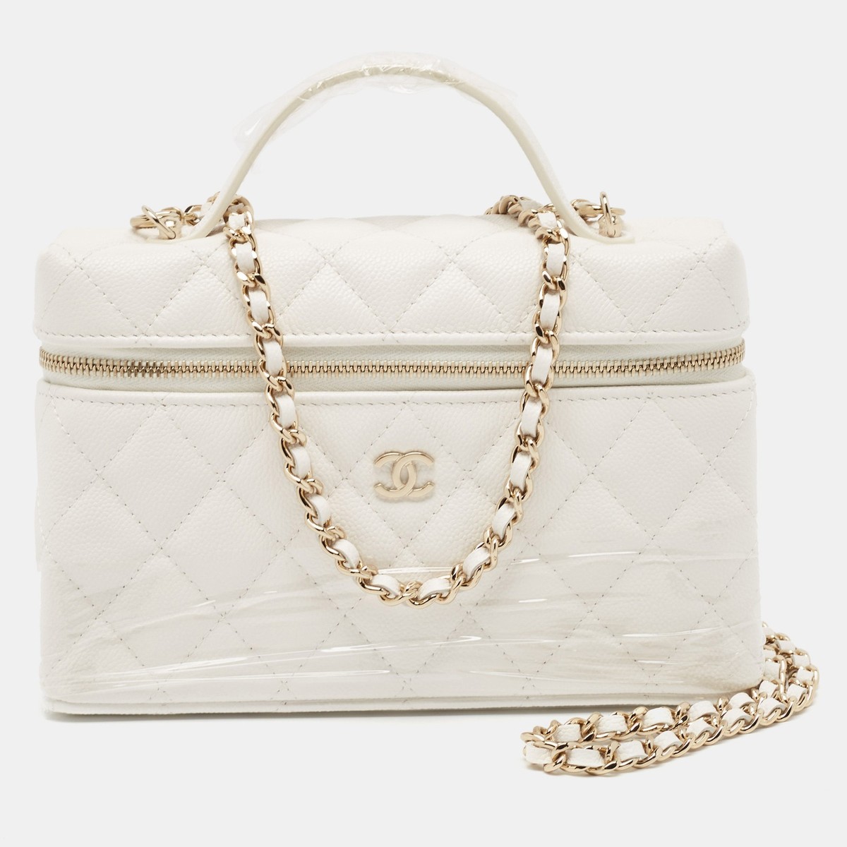【CHANEL】vintage chanel white caviar vanity bag★バニティ Chanel White Quilted Caviar Leather CC Long Vanity Case Bag