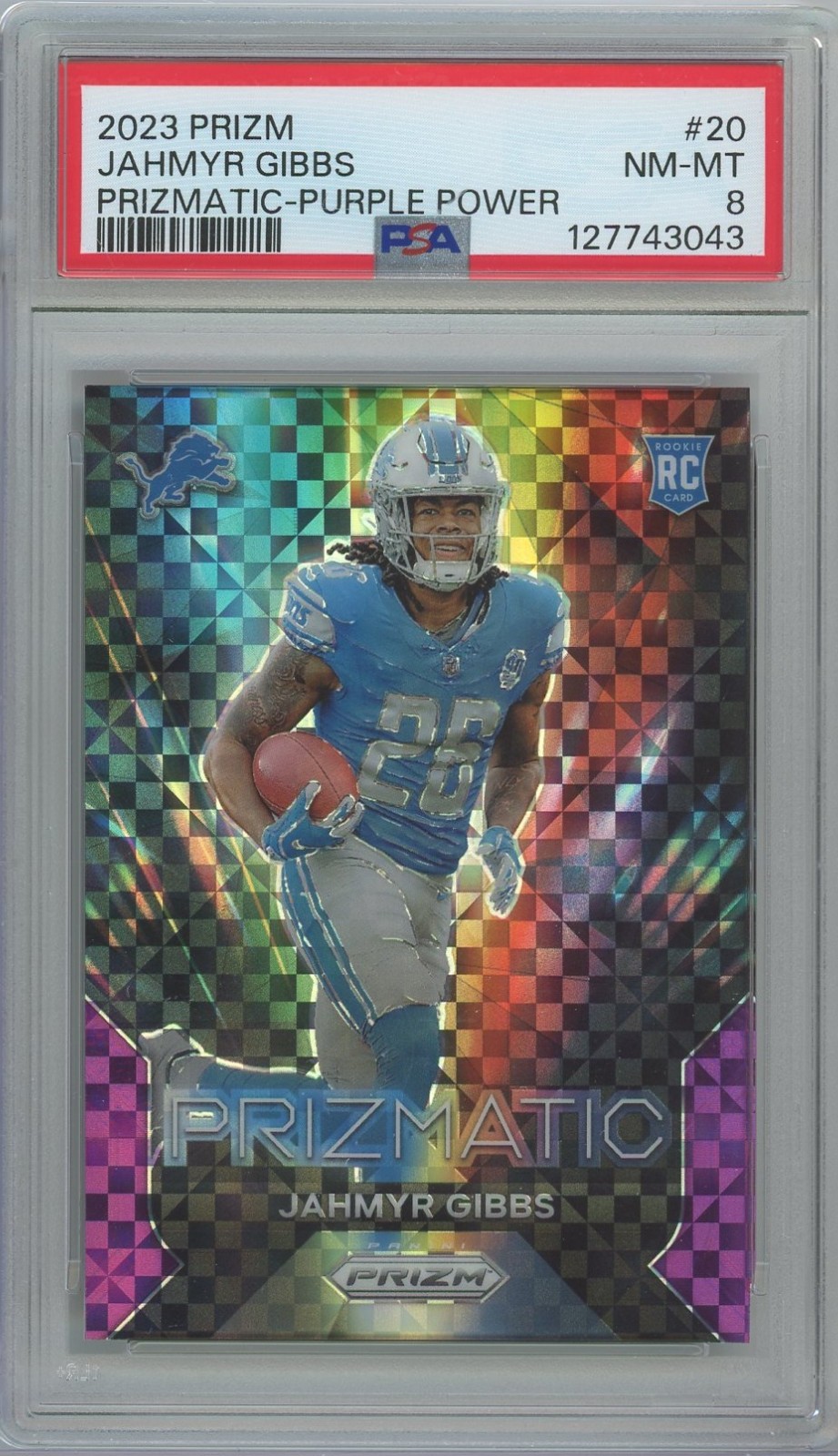 2023 Prizm JAHMYR GIBBS Prizmatic Purple Power RC Rookie PSA 8 /49 CT1
