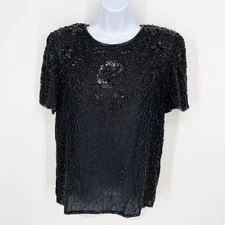 Mark & John Black Beaded Sequins Silk Sheer Cocktail Top Womens Sz Small