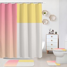 4 Pcs Pink Yellow Beige Bathroom Sets with Shower Curtain Set and Non-Slip Ru...