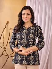 Indian Women Black  Brown Cotton Floral Printed Kurta Kurti Top Tunic New Dress