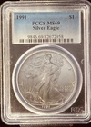 1991 $1 ONE OUNCE AMERICAN SILVER EAGLE PCGS MS69 COIN