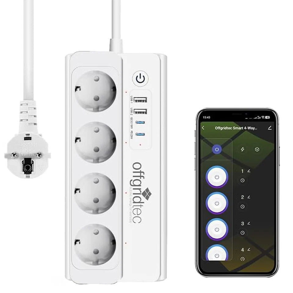 OFFGRIDTEC 1-4x Smarte 4-fach Steckdosenleiste + 2x USB-A und 2x USB-C App-Steuerung