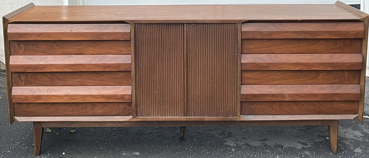 Mid Century Modern Lane First Edition Triple Dresser Credenza w 2 Twin Mirrors
