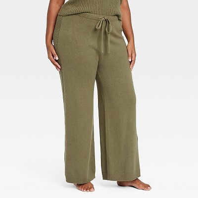 Women's Sweater Wide Leg Pajama Pants - Auden Olive Green 1X