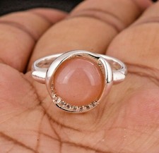 Jewelry Ring Gift For Her 925 Sterling Silver Peach Moonstone CZ Lotus Rings