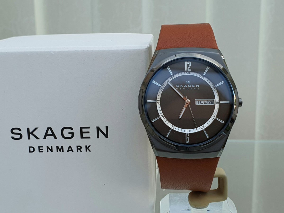 NEW Mens SKAGEN Slim Watch Brown Tan leather DAY DATE Gift for