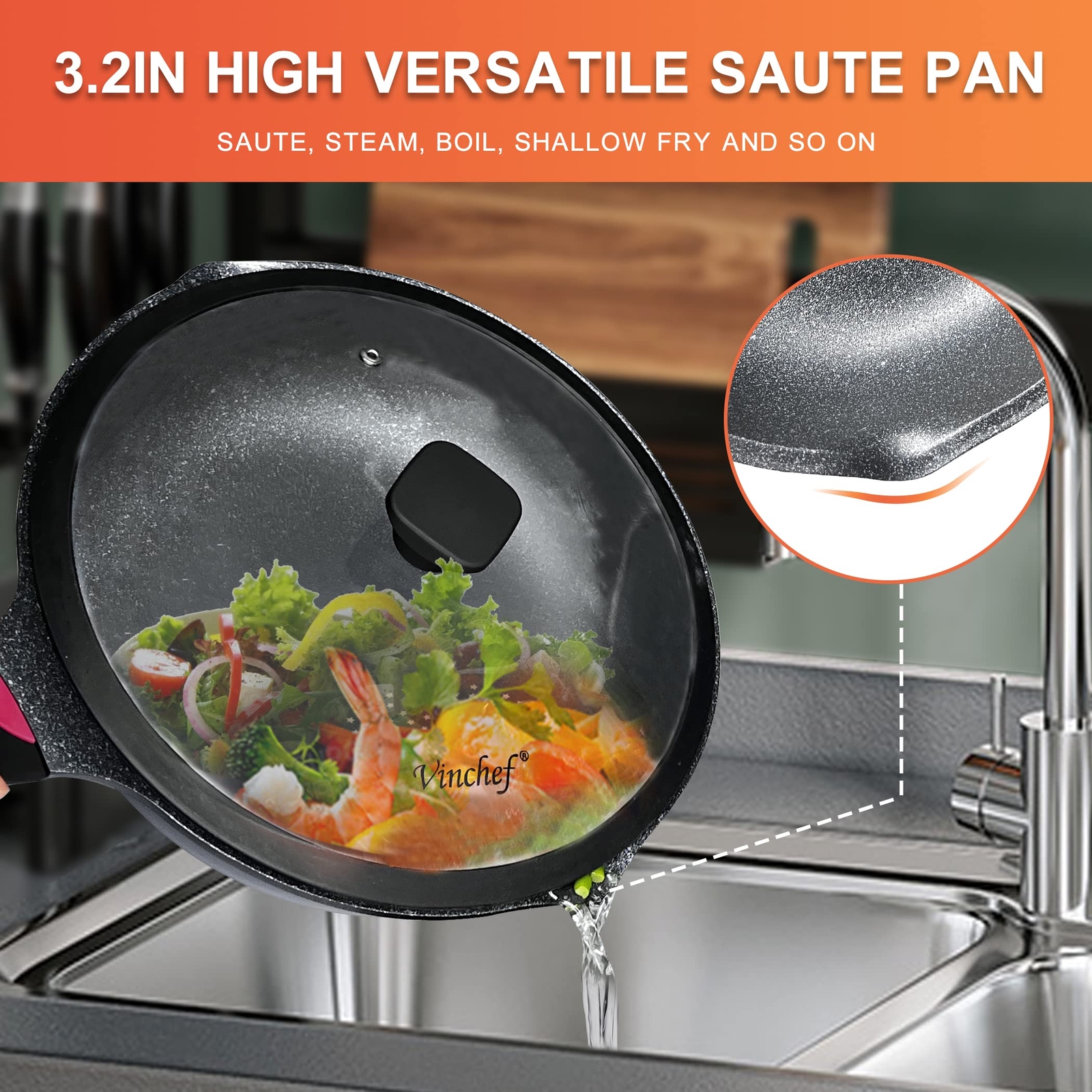 Vinchef Nonstick Skillet with Lid 11In/5Qt Aluminum Deep Frying Pan with Lid ...