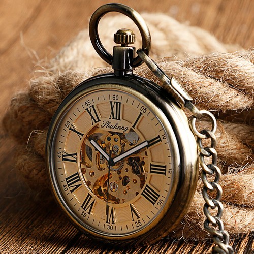 Montre de poche homme automatique mécanique à remontage automatique chiffres romains cadran visage ouvert pour homme - Photo 10/12