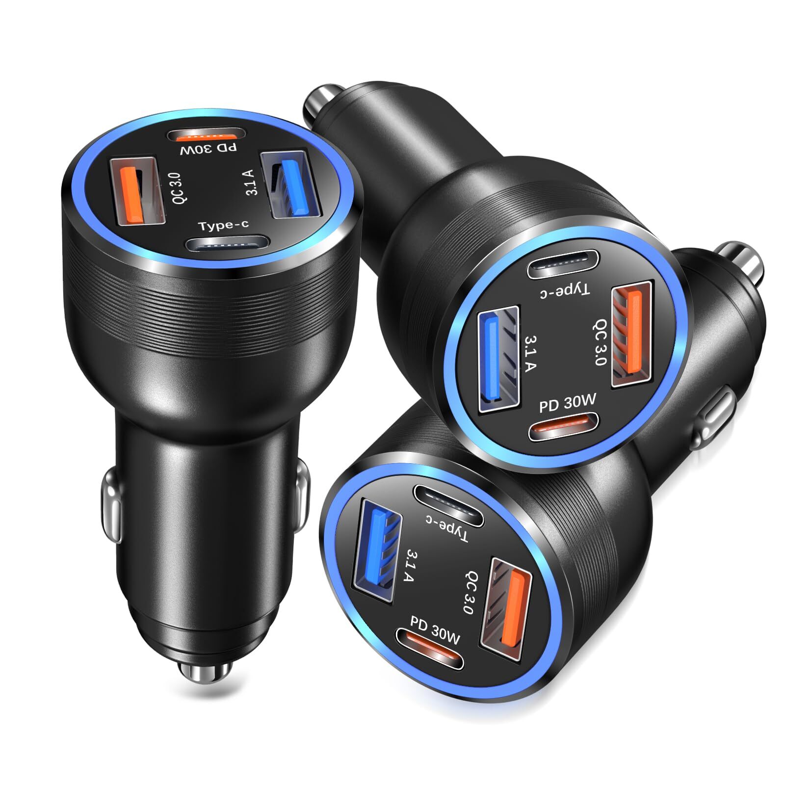 USB C Car Charger 3 Pack, 4-Port 65W Dual 12V USB-C & USB A Car Charger Power...