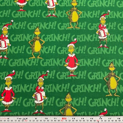 How The Grinch Stole Christmas Dr. Seuss Green Cotton Fabric Remnant 14'' x 43''