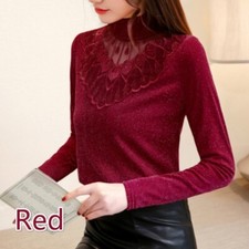 Women Lady Lace Shirt Top Mesh Shiny Sparkly Diamante Long Sleeve Pullover Slim