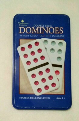 Used cardinal Double Nine Color Dot Dominoes in Tin Box