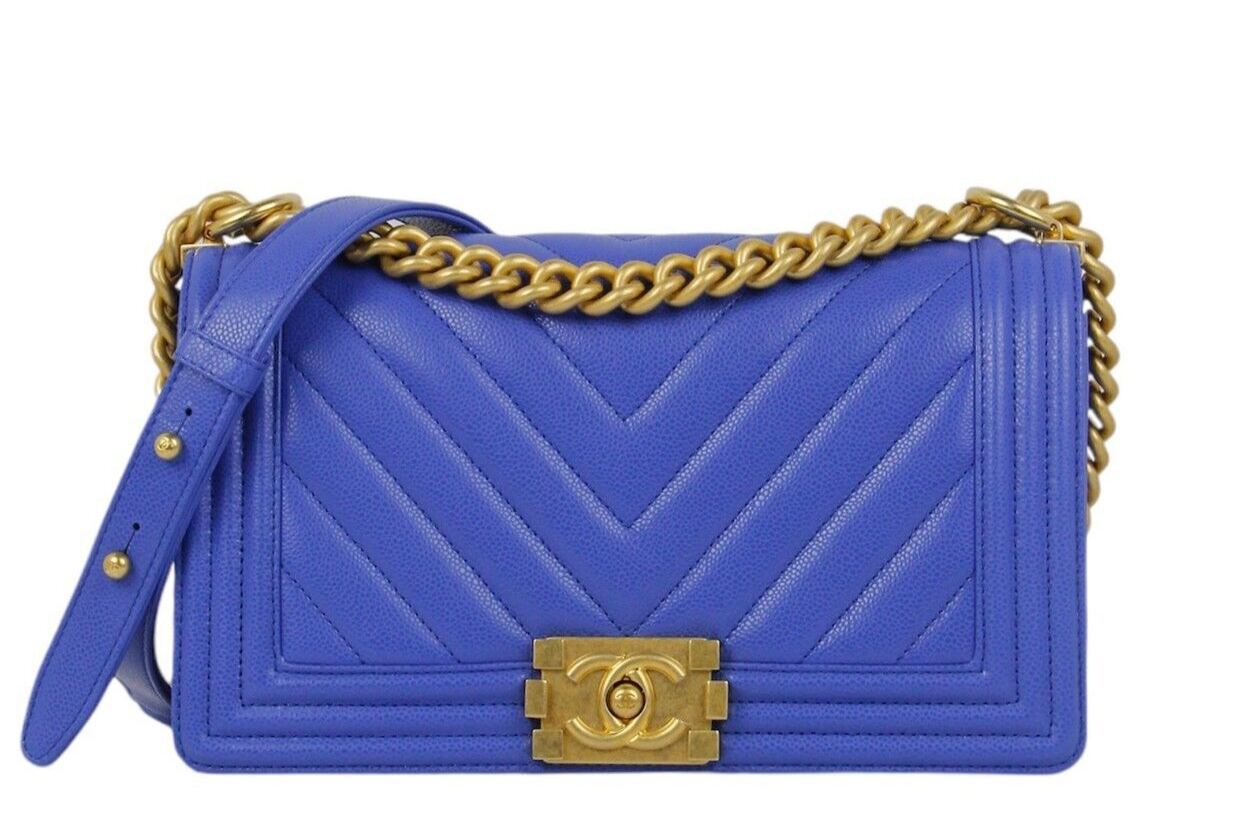 Chanel Cobalt Blue Caviar Leather Chevron Quilted Medium Boy Bag-image