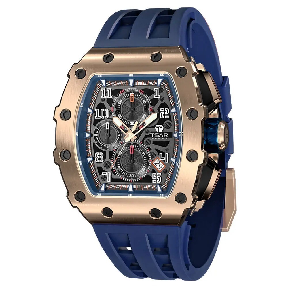 Montre squelette Tsar Bomba homme en acier inoxydable de luxe style tonneau