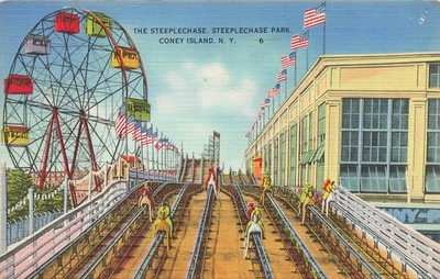 LP25 New York Coney Island Linen Postcard:  Steeplechase Park Steeple Chase Ride