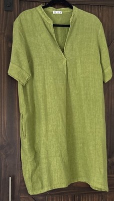 Made in Italy 100% Linen  Green Pullover Dress with Pockets One Size