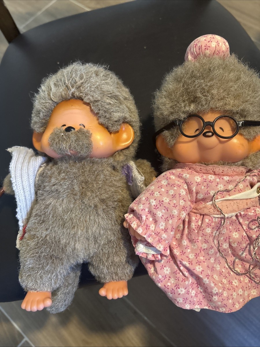 Monchhichi oma +opa 1974-Japan-Yarn, Glasses, Pipe- Tags- Grandma