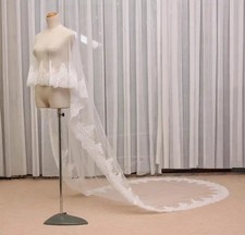 Embroidered Lace Trim White Tulle Lace Cathedral Bridal Cape Wedding Overlay