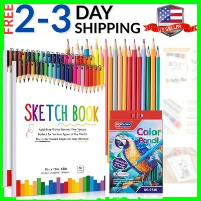 2 Pack Sketch Book with 36 Color Pencil Set, Spiral Kids Sketchbook for Drawi...