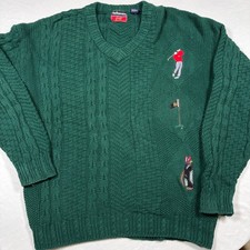 Vintage Hathaway Golf Sweater Mens XL Green Cable Knit V Neck Novelty Embroider