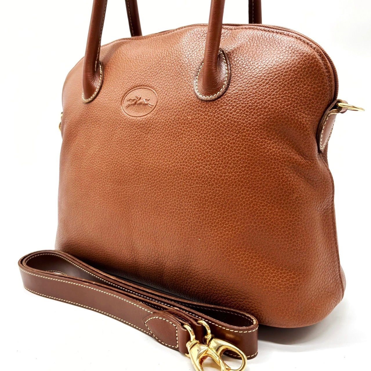 Longchamp 2way Handbag Brown Leather Vintage Unisex Genuine