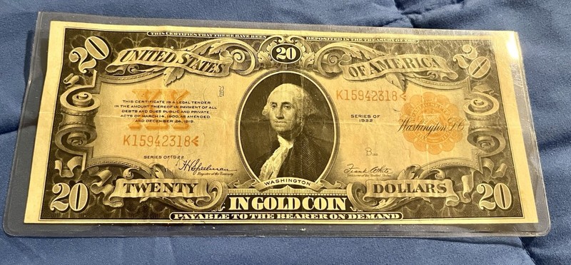 1922 $20 Gold Certificate Large Size Banknote - Circulated Uncertified