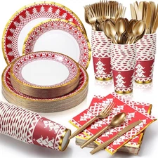Christmas Dinnerware Set for 25 Guests - 200 Pcs Paper Plates & Napkins
