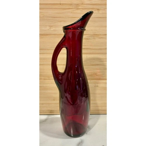 Vintage 1940s Anchor Hocking Royal Ruby Red Glass Pitcher Cruet 7.75" Cadmium
