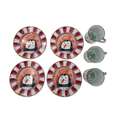 Mackenzie Childs Set 4 Plates 3 Mugs Penguin Snowman Winter Holiday Festive 8''