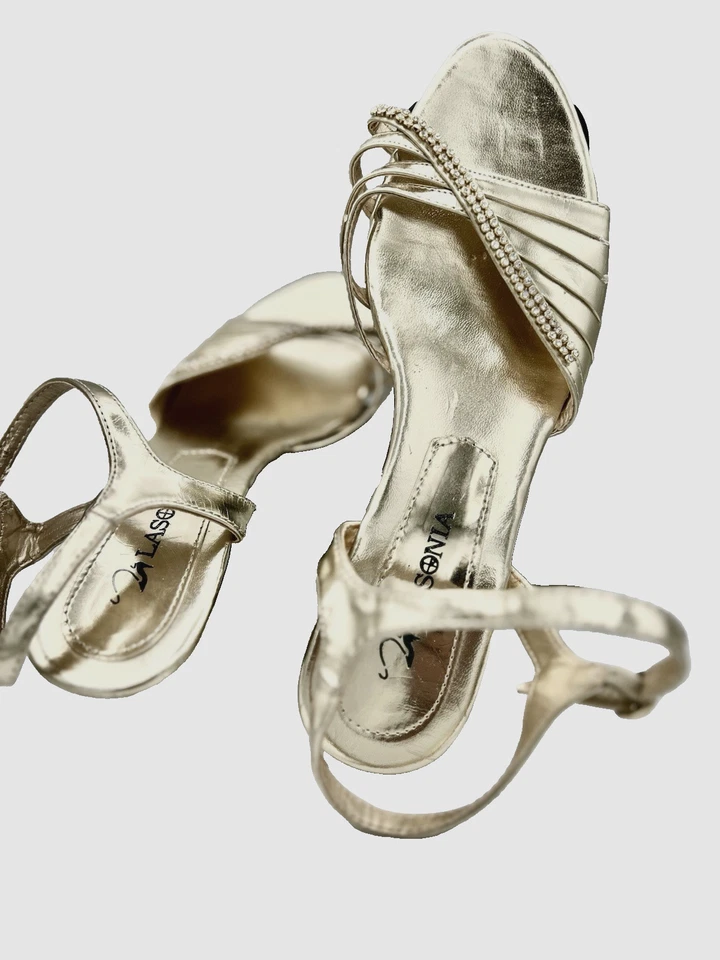 La Sonia Women’s Gold Strappy Dress Sandals Rhinestones Heels Size 8 1/2 - Image 4 of 4