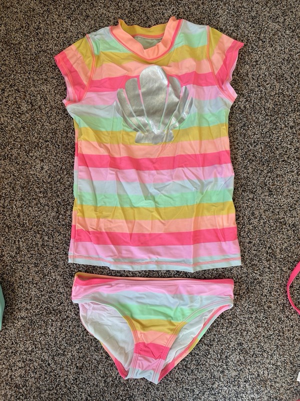 Childrens Place Bathing Swim Set Rash Guard Bikini Bottoms 7-8 Stripes Seashell