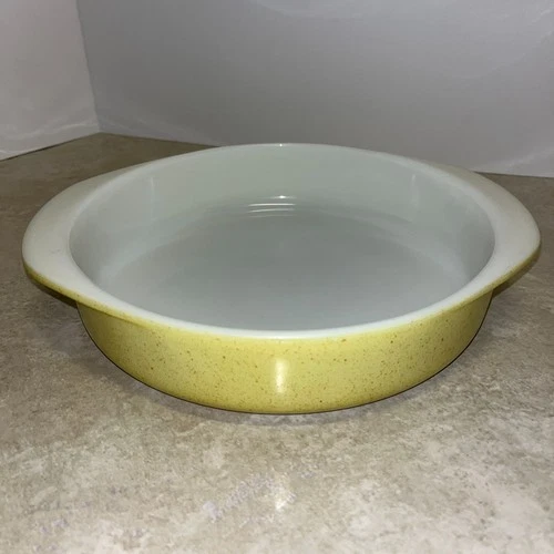 Pyrex Desert Dawn 221 Yellow Speckled Round Cake Dish 8-1/4" Vintage