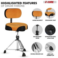 5 Core Drum Throne w Backrest 4" Padded Chair Adjustable Stool w 441Lb Capacity
