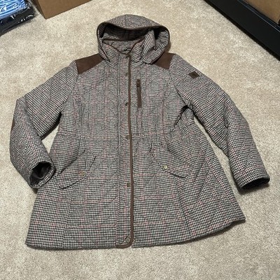 Wool Parka Coat Womens Medium Gray Check Hooded Quilted Zip Pockets Lined Winter