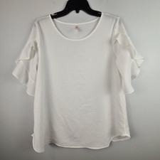 Axis Apparel Women's White Ruffle Sleeve Top Large Made In USA Semi Sheer Basic