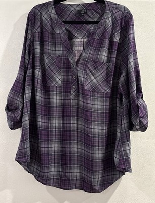 Torrid Women Harper Purple Plaid Top 3/4 Sleeve Rolled Cuff V Neck SZ 2X 18-20