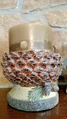 NWT 4" Mica Frost Pine Cone Woodland Cedar Lodge Christmas Candle Holder - Picture 7 of 12