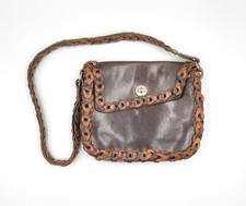 Vintage 70s Leather Purse Retro Boho Woven Loops Asymmetrical Flap