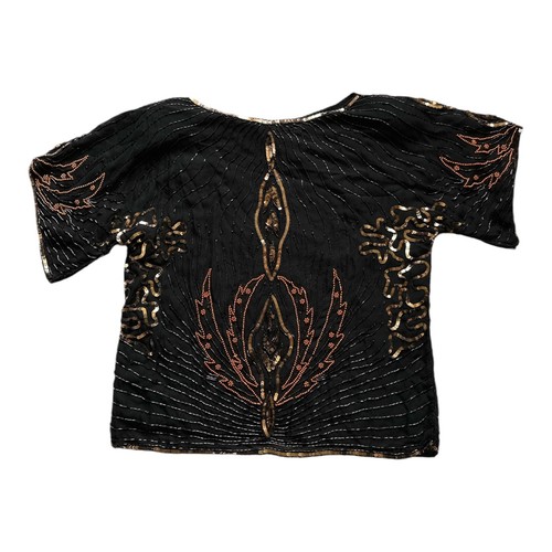 Frank Usher London silk top large sequin & beaded vintage gold orange on black - Picture 2 of 15