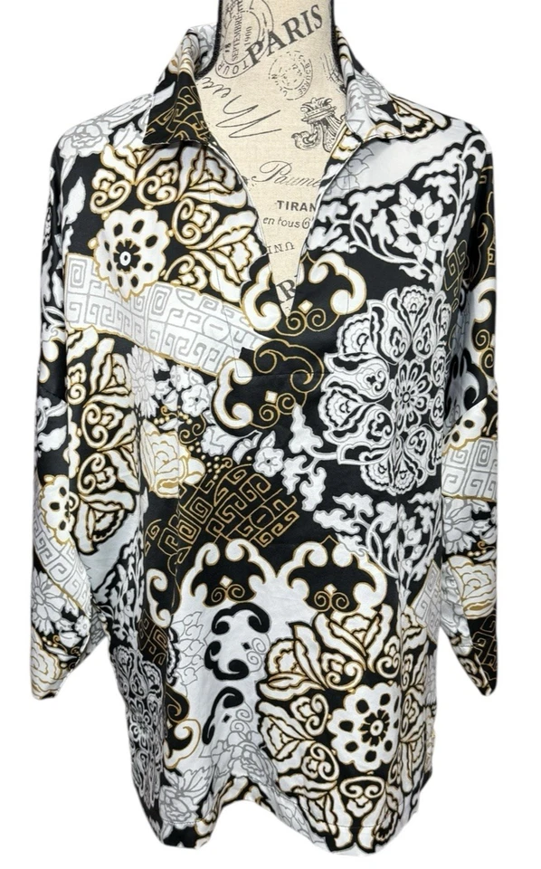 Conjunto de pijama NATORI para mujer mediano negro dorado satinado túnica floral pergamino ropa de dormir Foto 2 de 4