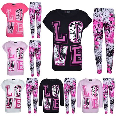 Kinder Mädchen Top LOVE T-Shirt & Spritzdruck Mode Legging Set Alter 7-13 Jahre