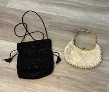 2 Vintage Satin Beaded Clutch Evening Purse Ivory W/Gold & Black Cinch Imperfect