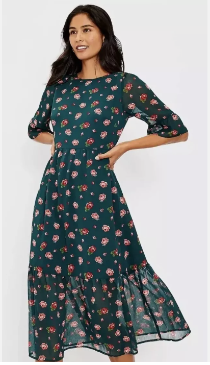 LOFT Floral Ruffle Midi Dress Womens Size Green Chiffon Rose Cottagecore  Lined