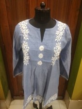 PERFECTION TUCKS M 40 KURTA DENIM 100 COTTON ETHNIC CHIKAN EMBROIDERY TOP KURTI